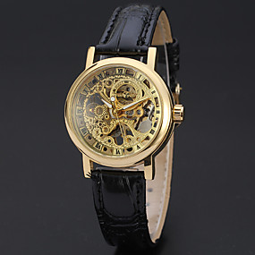 baratos Relógios Mecânicos-WINNER Mulheres Relógio Esqueleto Relógio de Pulso Relogio Dourado Mecânico - de dar corda manualmente Couro Preta 30 m Gravação Oca Analógico senhoras Luxo Vintage Casual Fashion - Dourado Prata