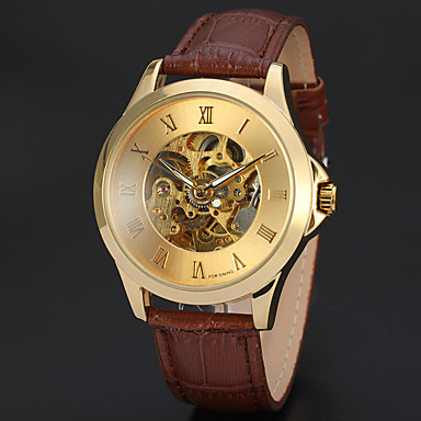 baratos Relógios Mecânicos-WINNER Homens Relógio Esqueleto Relógio de Pulso relógio mecânico Automático - da corda automáticamente Couro Preta / Marrom 30 m Gravação Oca Analógico Luxo Clássico Vintage - Dourado Preto