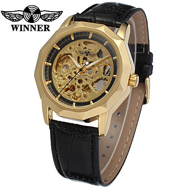 WINNER Men's Skeleton Watch Wrist Watch Mechanical Watch Automatic self-winding Leather Black 30 m